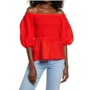 Open Edit Off Shoulder Smocked Top Puff Sleeve Peplum Red Bloom Size Small New